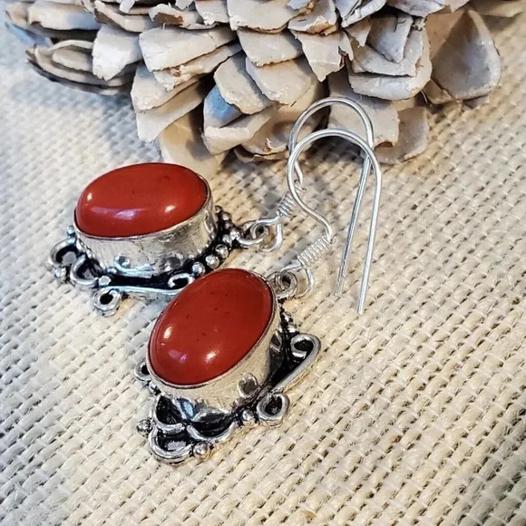 Artisan India Art Nouveau Scrolls Oval Stone 925 Sterling Silver Earrings - Picture 1 of 7